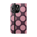 Funda billetera de cuero vegano para iPhone 16 Pro – Diseño de lunares Polka Dot en rosa ciruela