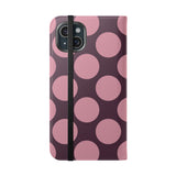 Funda billetera de cuero vegano para iPhone 15 Plus – Diseño de lunares Polka Dot en rosa ciruela