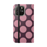 Funda billetera de cuero vegano para iPhone 14 Pro Max - Diseño de Polka Dot en ciruela rosa