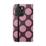 Funda billetera de cuero vegano para iPhone 15 Pro – Diseño de lunares Polka Dot en rosa ciruela