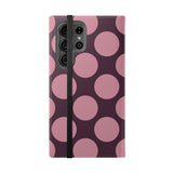 Funda tipo cartera de cuero vegano para Samsung Galaxy S23 Ultra - Pink Plum Polka Dot Design