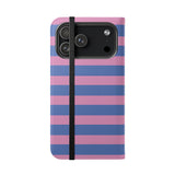 Funda cartera de cuero vegano para iPhone 17 Pro Max – diseño a rayas Periwinkle Dream