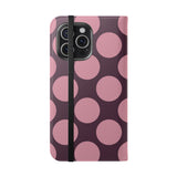 Funda billetera de cuero vegano para iPhone 15 Pro Max – Diseño de lunares Polka Dot en rosa ciruela