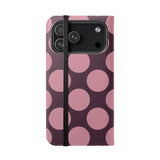Funda billetera de cuero vegano para iPhone 17 Pro Max – Diseño de lunares Polka Dot en rosa ciruela
