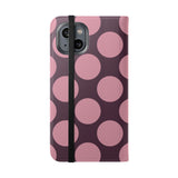 Funda billetera de cuero vegano para iPhone 14 – Diseño de lunares Polka Dot en rosa ciruela
