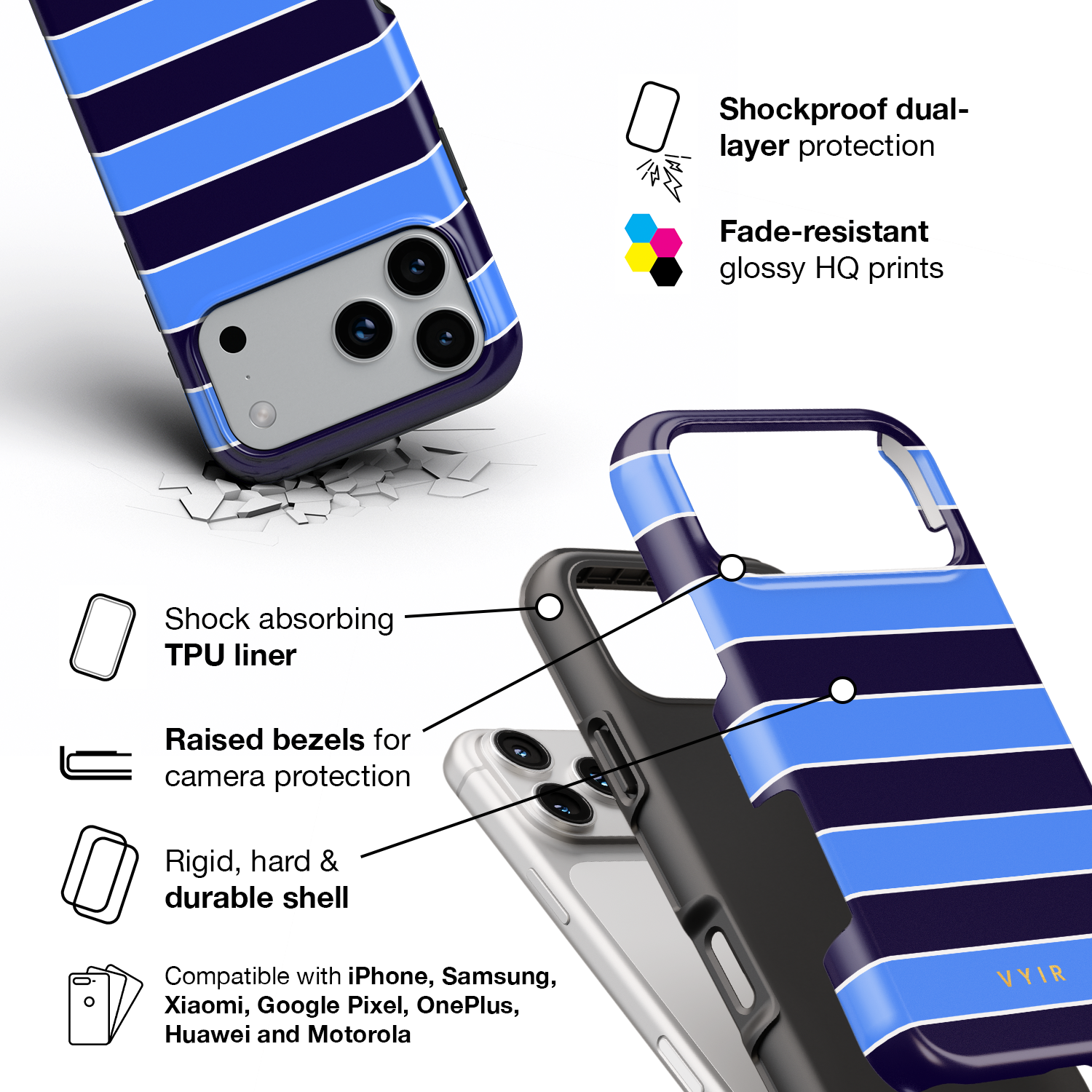 Horizontal Stripes, Rivoli Blue - Shockproof Phone Case - VYIR