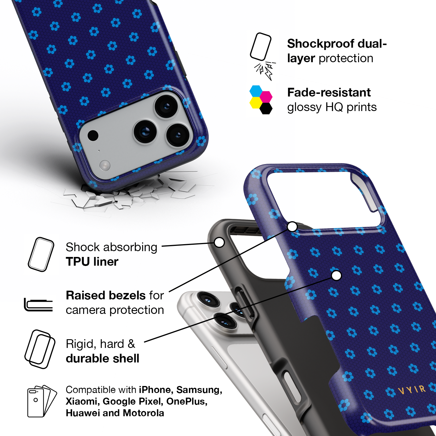 VYIR Signature Flowers, Blue - Shockproof Phone Case - VYIR