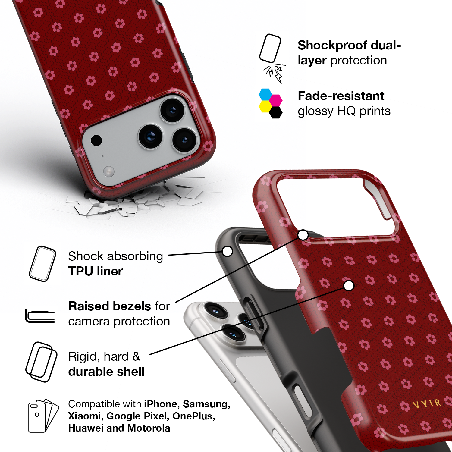 VYIR Signature Flowers, Passion Red - Shockproof Phone Case - VYIR