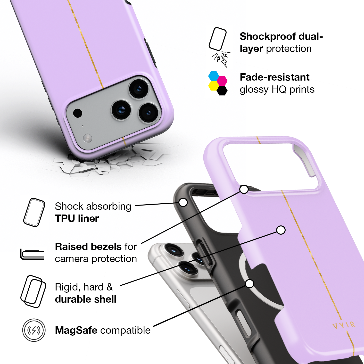 VYIR Signature Golden Line, Lavender Purple - Shockproof MagSafe iPhone Case - VYIR