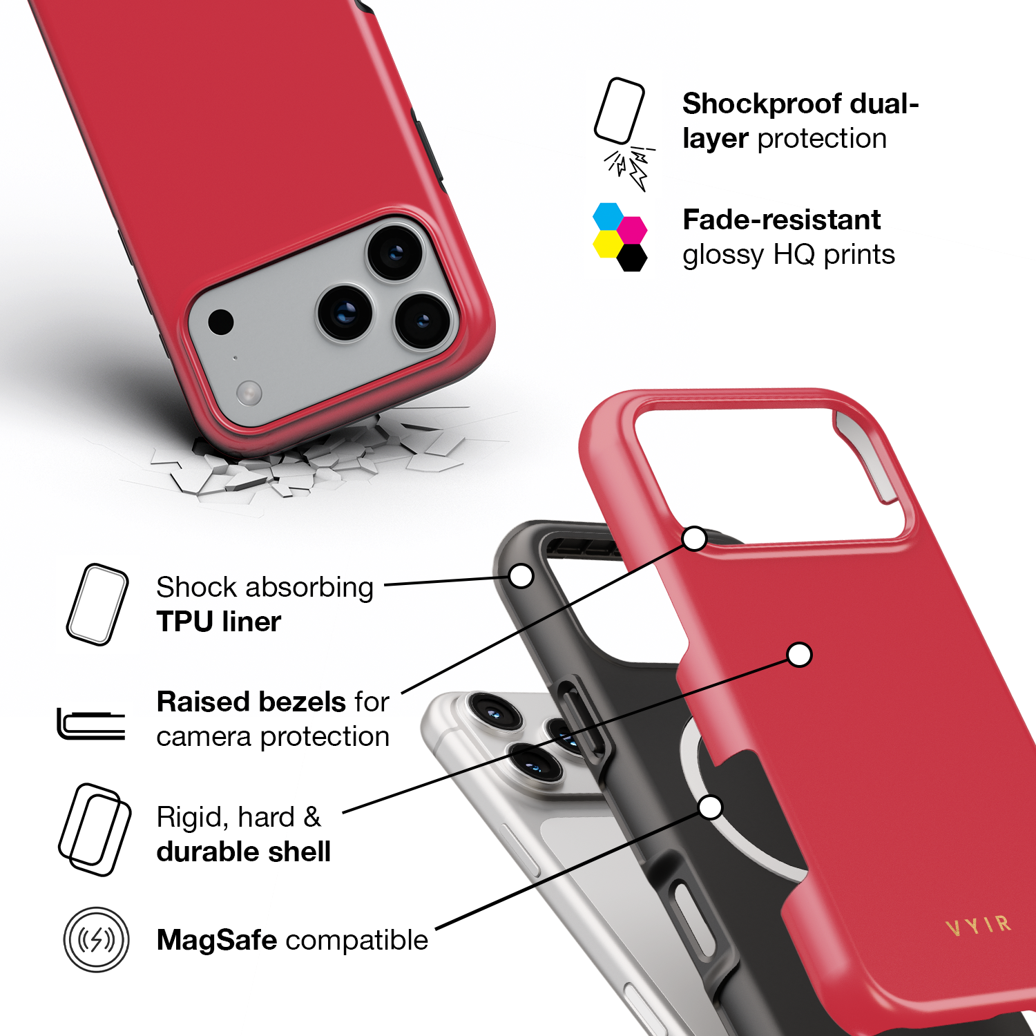 VYIR Signature Solid Colors, Red - Shockproof MagSafe iPhone Case - VYIR
