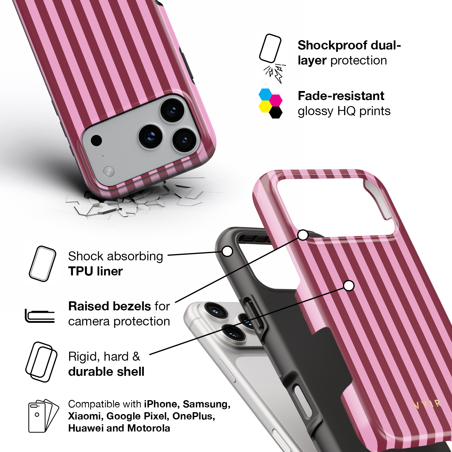 Vertical Stripes, Candy Pink - Shockproof Phone Case - VYIR