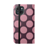 Funda billetera de cuero vegano para iPhone 15 – Diseño de lunares Polka Dot en rosa ciruela