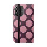 Funda billetera de cuero vegano para iPhone 16 – Diseño de lunares Polka Dot en rosa ciruela